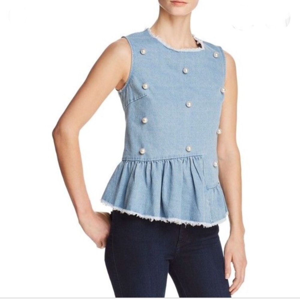 Aqua Pearl Embellished Denim Sleeveless Peplum Top